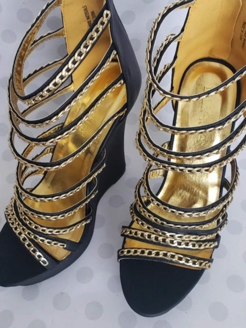 *LIILIANA Black Gold Chain Caged Platform Wedges High Heels Sandals Size 8.5 NIB